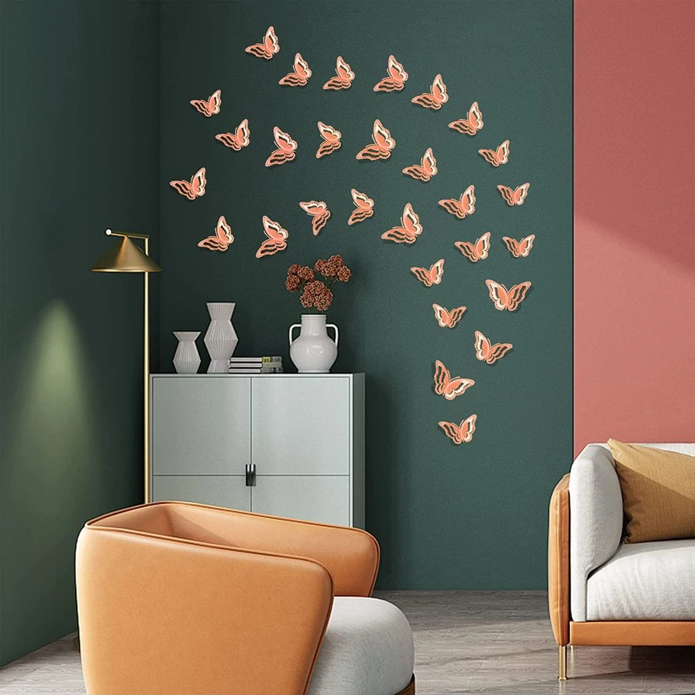 Rose Gold 3D Butterfly Wall Decor, 48 PCS Butterfly Decorations Three Layers Wall Stickers for Party Decorations Baby Show Wedding Decor Room Decoration