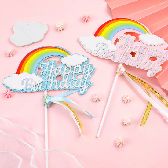 Venda quente Decoração de festa de feliz aniversário Tassesl colorido nuvem arco-íris bolo topper